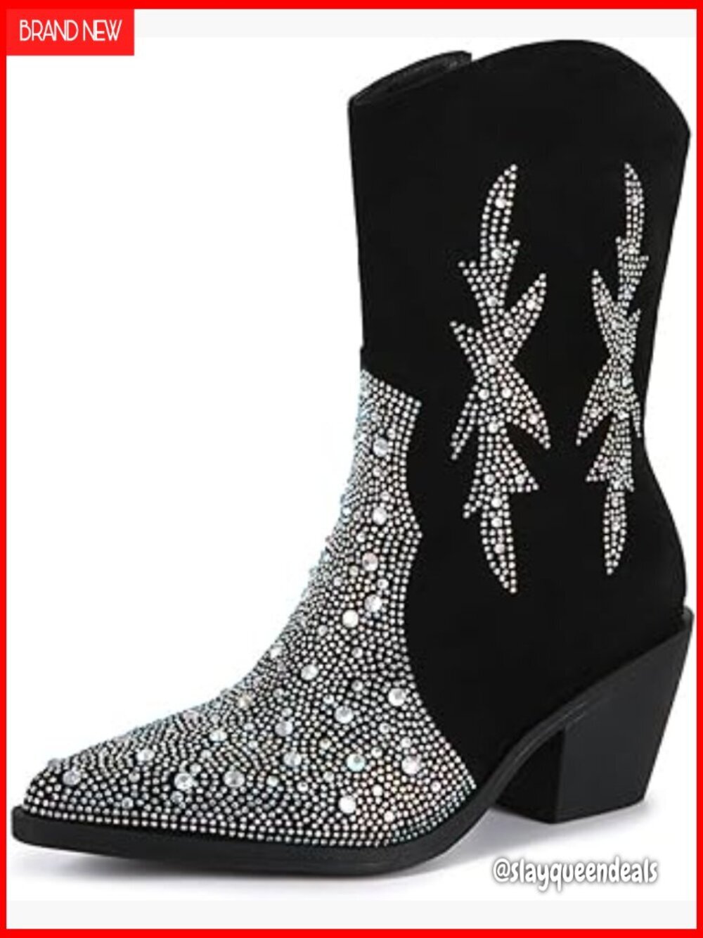 Western Ankle Boots Rhinestone Bling Pointed Toe Chunky Heel Zipper